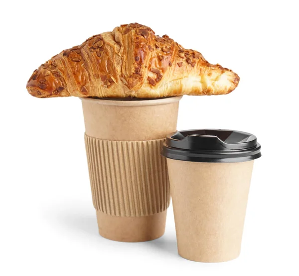 Paper Cups Delicious Croissant White Background — Stock Photo, Image
