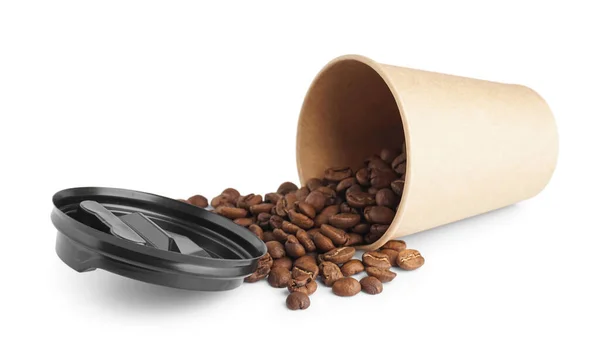 Omgekeerde Papieren Beker Met Koffiebonen Witte Achtergrond — Stockfoto
