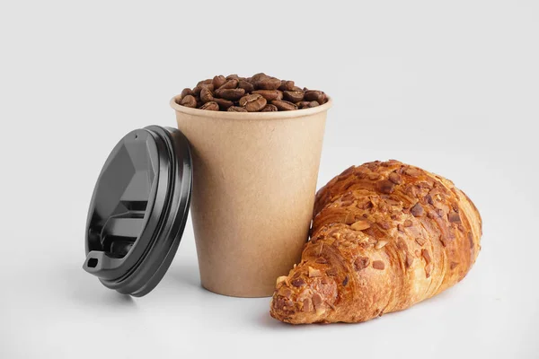 Paper Cup Coffee Beans Fresh Croissant White Background — Stock Photo, Image