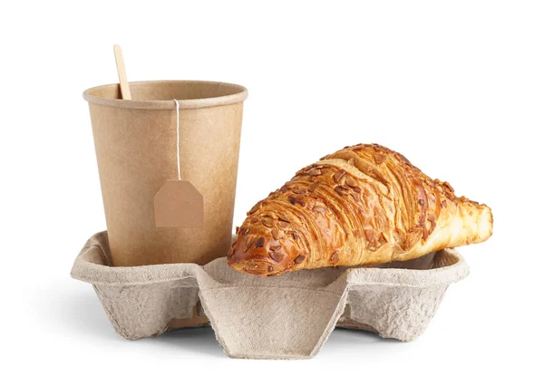 Holder Paper Cup Fresh Croissant White Background — Stock Photo, Image