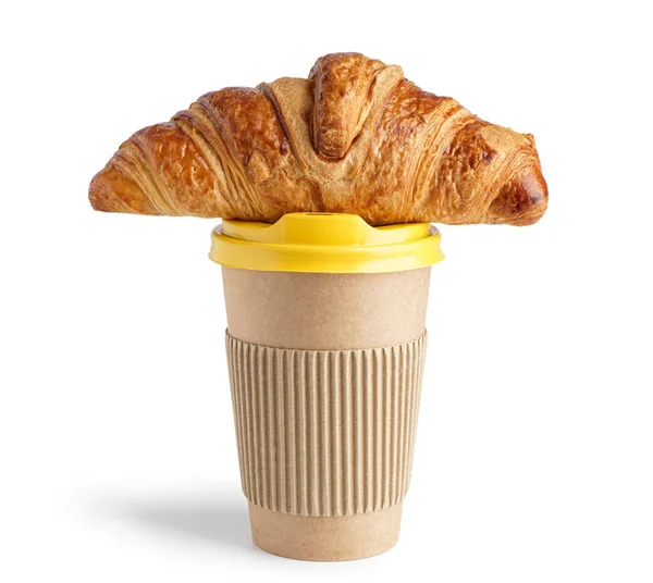 Paper Cup Delicious Croissant White Background — Stock Photo, Image