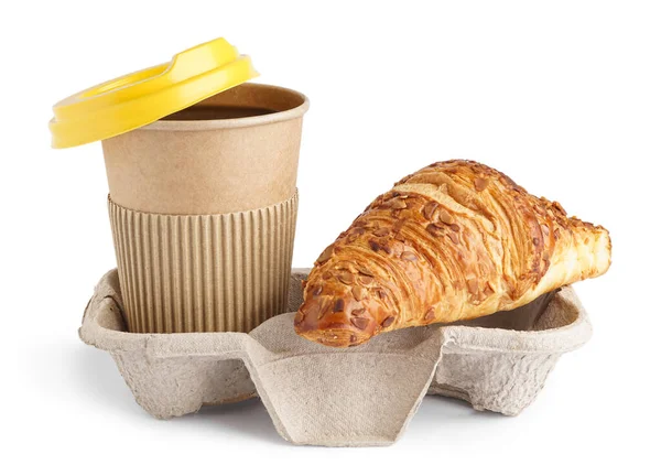Holder Cup Coffee Tasty Croissant White Background — Stock Photo, Image