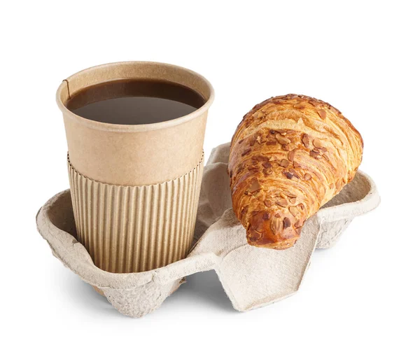 Holder Cup Coffee Tasty Croissant White Background — Stock Photo, Image