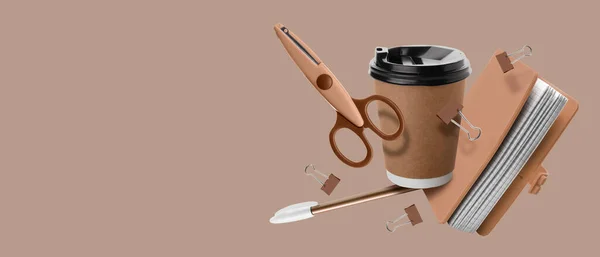 Flying paper coffee cup and set of school supplies on brown background with space for text