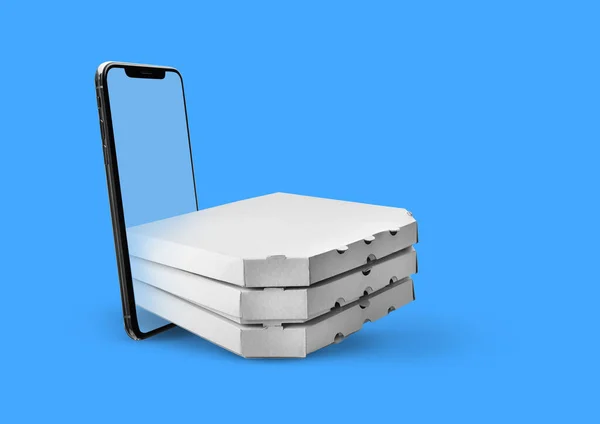 Smartphone Und Pizzakartons Auf Blauem Hintergrund Essensausgabe — Stockfoto