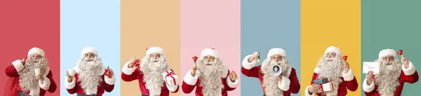 Collage Von Weihnachtsmann Auf Farbigem Hintergrund — Stockfoto