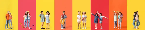 幸せな姉妹と兄弟のコラージュの色の背景 — ストック写真