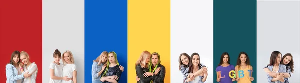 Collage Glücklicher Lesbischer Und Transgender Paare Auf Farbigem Hintergrund — Stockfoto