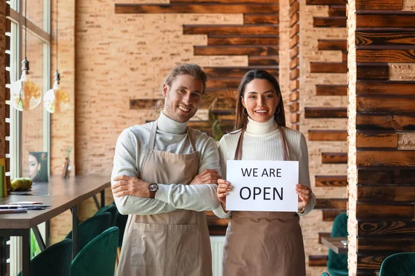 Young Business Owners Opening Sign Cafe — Stock Photo, Image