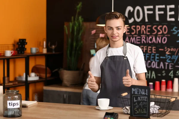 Ung Manlig Barista Med Kopp Kaffe Café — Stockfoto
