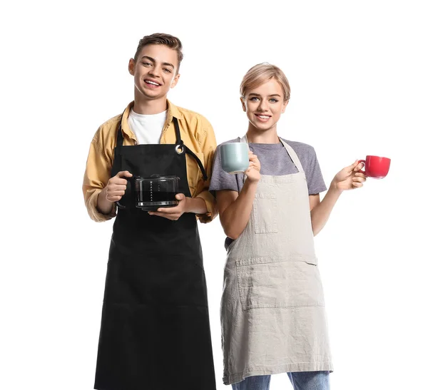 Jonge Barista Met Kopjes Koffiepot Witte Achtergrond — Stockfoto