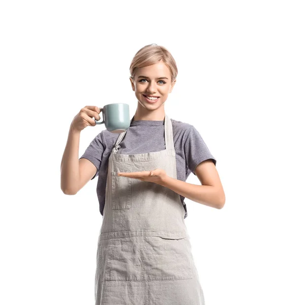 Vrouwelijke Barista Met Kopje Koffie Witte Achtergrond — Stockfoto