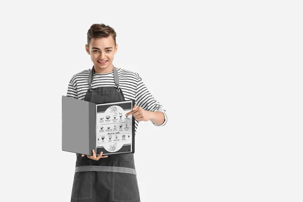 Young Male Barista Menu Light Background — Stock Photo, Image