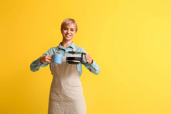 Female Barista Coffee Maker Cup Yellow Background — Stock Photo, Image