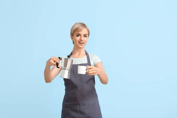 Female Barista Coffee Maker Cup Blue Background — Stock Photo, Image