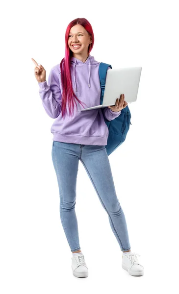 Young Female Student Bright Unusual Hair Holding Laptop Pointing Something — Stock Photo, Image