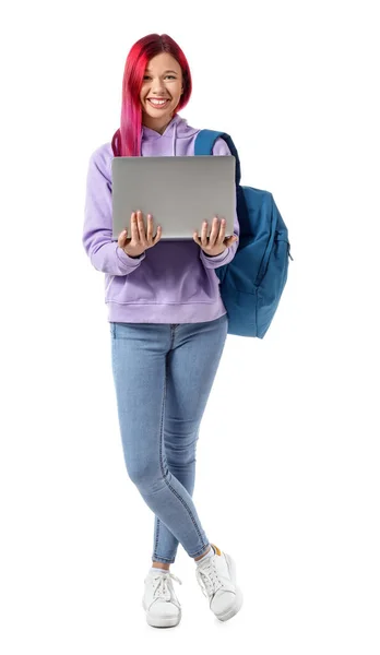 Jovem Estudante Com Cabelo Incomum Brilhante Segurando Laptop Fundo Branco — Fotografia de Stock