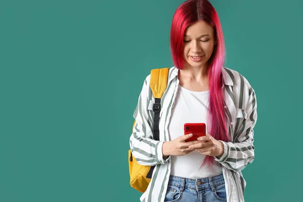 Young Female Student Bright Unusual Hair Holding Mobile Phone Green — Stock Photo, Image