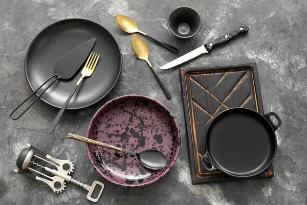 Many Different Tableware Kitchenware Grunge Background Top View — Stock Photo, Image