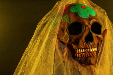 Meksika Ölüler Günü (El Dia de Muertos) için boyalı kafatası olan ve koyu arkaplanda peçesi olan bir kadın.