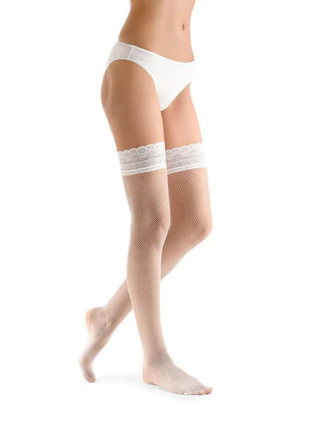 Nohy Krásné Mladé Ženy Punčochy Bílém Pozadí — Stock fotografie