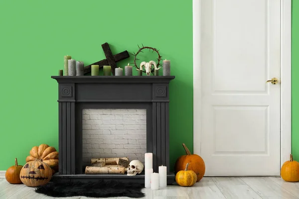 Black Fireplace Candles Halloween Decor Green Wall Room — Stock Photo, Image