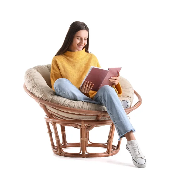 Beautiful Woman Reading Book Armchair White Background — Stock Photo, Image