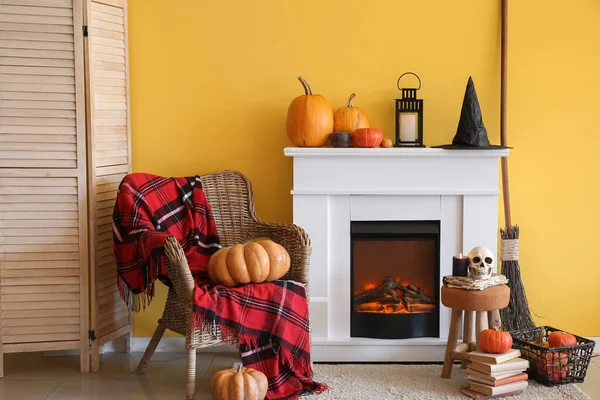Interior Living Room Decorated Halloween Fireplace Armchair Pumpkins — Stock Photo, Image
