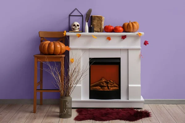 Interior Living Room Chair Fireplace Decorated Halloween — Stock Photo, Image