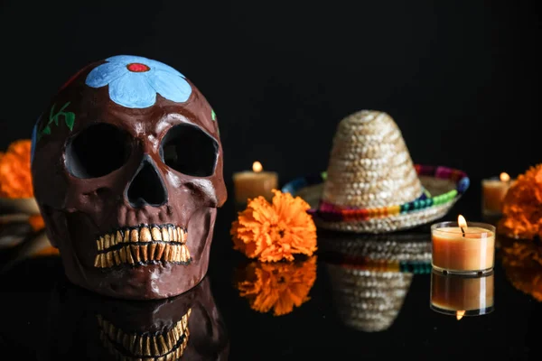 Geschilderde Schedel Voor Mexico Dag Van Doden Dia Muertos Bloemen — Stockfoto