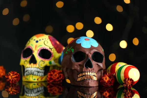 Painted Skulls Mexico Day Dead Dia Muertos Flowers Maracas Dark — Stock Photo, Image