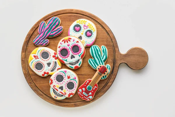 Placa Com Biscoitos Saborosos Fundo Branco Dia Muertos — Fotografia de Stock