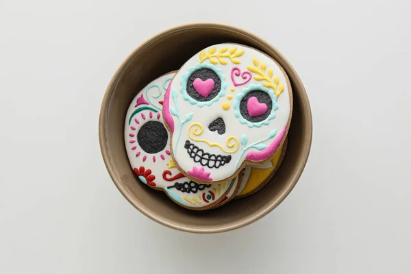 Bowl Skull Shaped Cookies White Background Dia Muertos — Stock Photo, Image