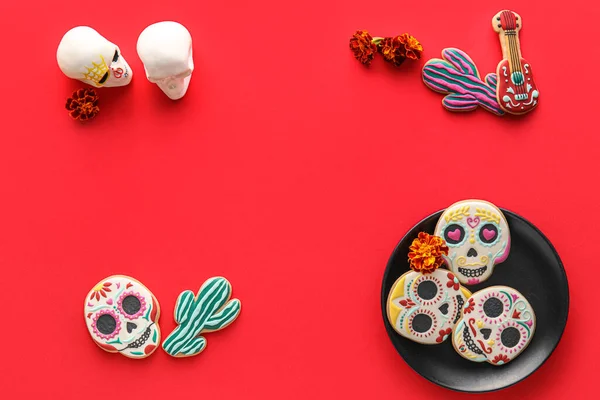 Frame Made Plate Cookies Skulls Flowers Red Background Dia Muertos — Stock Photo, Image