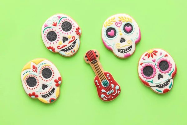 Tasty Cookies Green Background Dia Muertos — Stock Photo, Image