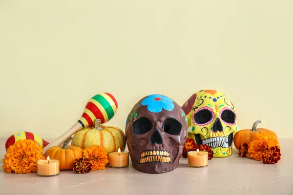 Painted Human Skulls Flowers Candles Pumpkins Beige Background Dia Muertos — Stock Photo, Image