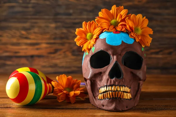 Calavera Pintada Para Día Los Muertos México Flores Maracas Sobre — Foto de Stock