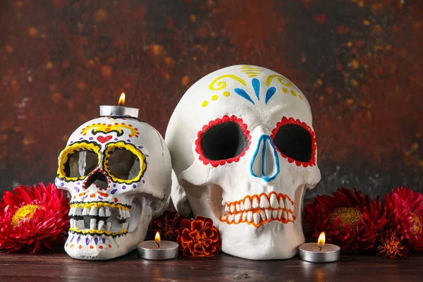 Painted Skulls Mexico Day Dead Dia Muertos Candles Flowers Grunge — Stock Photo, Image