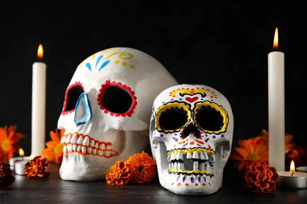 Painted Skulls Mexico Day Dead Dia Muertos Flowers Candles Dark — Stock Photo, Image