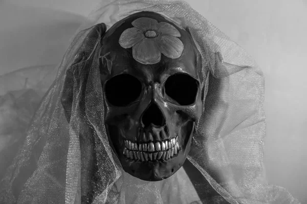 メキシコの死者の日のために描かれた頭蓋骨を持つ女性 Dia Muertos と灰色の背景にベール — ストック写真