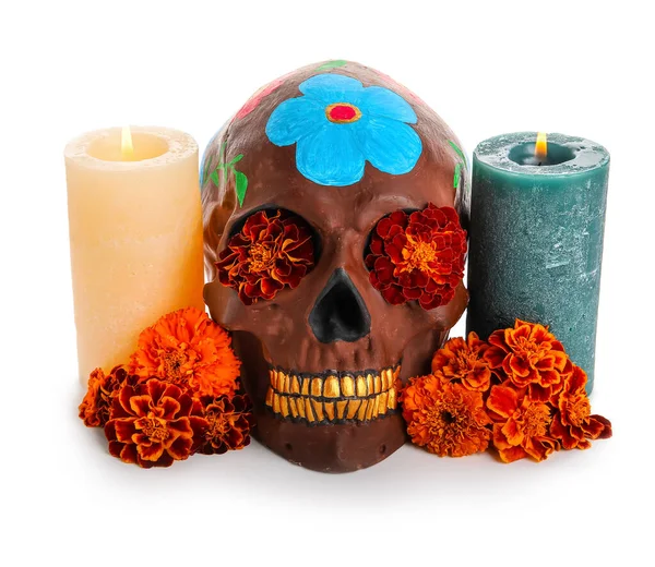 Painted Skull Mexico Day Dead Dia Muertos Marigold Flowers Candles — Stock Photo, Image