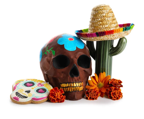 Crâne Peint Pour Fête Des Morts Mexique Dia Muertos Cactus — Photo