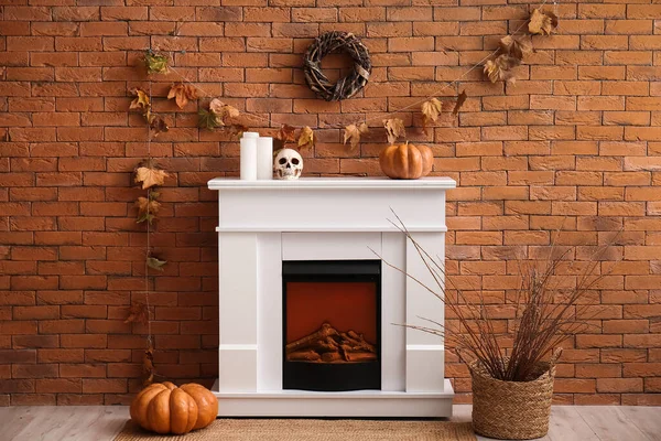 Interior Living Room Decorated Halloween Electric Fireplace — Stock Photo, Image