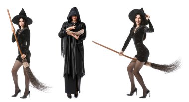 Beyaz arka planda bir grup genç cadı