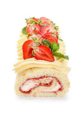 Tasty strawberry roll cake isolated on white background