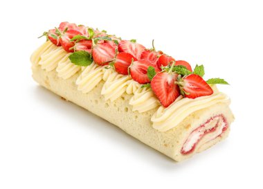 Tasty strawberry roll cake on white background
