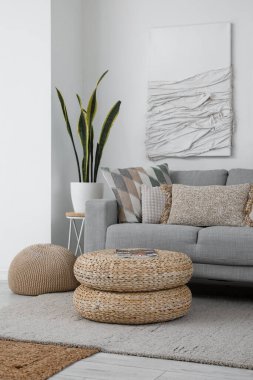 Gri kanepe, puf ve 3 boyutlu tekstil sanat eserleriyle modern oturma odasının içinde.