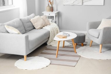 Kanepesi, koltuğu ve masası olan modern oturma odası.