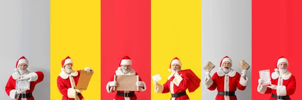 Set Von Weihnachtsmann Mit Briefen Und Geschenken Auf Buntem Hintergrund — Stockfoto