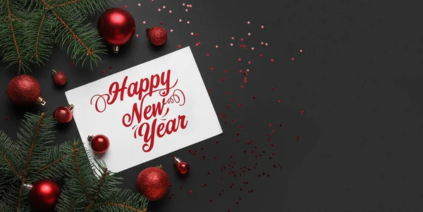 Tarjeta Felicitación Con Texto Feliz Año Nuevo Bolas Navidad Ramas — Foto de Stock